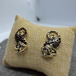 Gold-Tone Black Enamel Leopard Stud Earrings